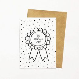 A greeting card with a black and white polka dot design and a ribbon-like graphic that says "Be the best" in the center. The card is suitable for a teacher or educator.