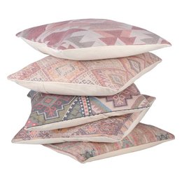 Decorative square cushion with a geometric ethnic pattern in shades of pink, gray, and blue. The cushion has a soft, textured surface and appears to be made of a woven or printed fabric.