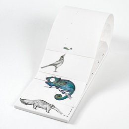 A notepad with a whimsical design featuring a bird, fish, and other nature-inspired elements. The notepad is titled "Schmackofatz Quartet" and is categorized as a stationery product.