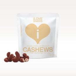Cacao cashews with vanilla and sea salt, 22g. Roasted cashews with a sweet and salty flavor profile.