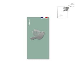 Metal bird-shaped magnet in a light green color.