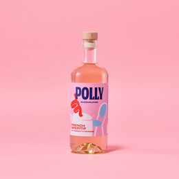  Colorful, non-alcoholic aperitif in a glass bottle with a cork stopper. The bottle features a vibrant, abstract design in shades of pink, blue, and white.