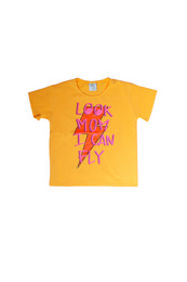 A bright yellow t-shirt with the text "LOOK MOM I CAN FLY" printed in a bold, stylized font. The t-shirt is designed for children and comes in various sizes from 2-3 years to 10-11 years.