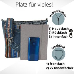 Sunsa Bæredygtig Skuldertaske til kvinder. Skuldertaske lavet af genbrugte jeans og bomuld. Håndtaske vintage retro stil. Crossbody taske til kvinder.
