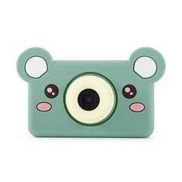  Mint green bear-shaped digital camera with round lens, cute animal design, educational toy for kids.