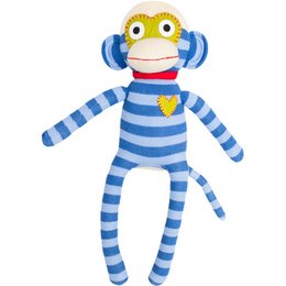 Cuddly toy sock monkey midi stripes blue / light blue. Plush toy in blue and light blue striped pattern with large eyes and smile, suitable for children.