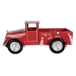 Red metal vintage truck Christmas decoration with white details and round wheels