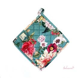 Potholders Janne Aqua, set of 2. Colorful floral pattern with red, pink, and white flowers on a teal background. Quilted design with a hanging loop.