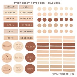 Stickers for a photobook with natural colors and designs. The stickers feature a variety of shapes and tones, including circles, rectangles, and earth-toned hues, suitable for decorating a photobook or other paper-based projects.