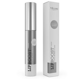 Clear lip booster in a silver metallic tube with white packaging. Provides a glossy, hydrating lip treatment.