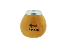 Natural cured gourd mate cup with logo. Rounded, tall shape. Earthy, amber color.