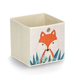  Beige fabric storage box with orange fox illustration, square shape, kids organizer