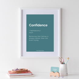 A green poster with the text "Confidence" and a definition of the word. The poster has a minimalist design with a solid green background and white text.