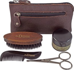 A comprehensive beard grooming kit containing essential tools for maintaining a well-groomed beard, including a brush, comb, scissors, and beard balm.