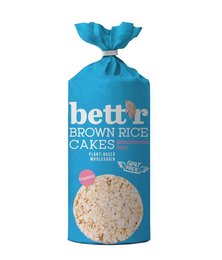 Organic brown rice cakes with Himalayan salt, packaged in a blue bag.