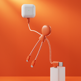 Multi-connector eco-friendly cable with blue, white, red, black, blanc-wheat, and orange color variants. Features lightning, micro USB, and USB Type-C connectors.