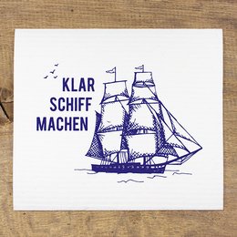 A blue and white illustration of a sailing ship with the text "Klar Schiff Machen" which means "to make the ship ready" in German.