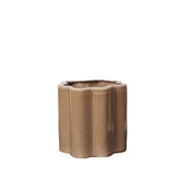 Brown wooden hexagonal planter pot, natural wood finish, modern geometric shape, indoor plant container