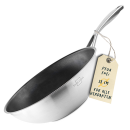 A stainless steel wok pan with a non-stick coating, suitable for induction cooktops, with a diameter of 28 cm.