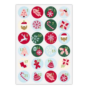 24 Retro Advents Aufkleber mit den Zahlen 1 - 24 auf Weihnachts Symbolen, hellblau rot grün, MATTE Papieraufkleber für Adventskalender(ø 45mm; 24 Zahlen) Farbe 3