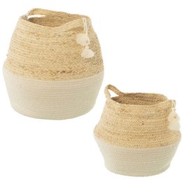 "Set of 2 natural cotton storage baskets with white tassels. Woven in a textured pattern, these baskets are perfect for organizing and storing items in your home."

The set of 2 storage baskets are made of natural cotton and feature a textured woven pattern. The baskets have a round, tapered shape and are accented with white tassels at the top. These versatile baskets can be used to store and organize a variety of items in your home.