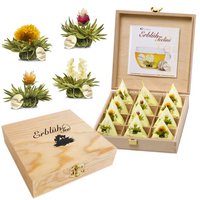 Creano Teelini theebloemen in bekerformaat, cadeauset in houten theedoos, 12 bloeiende tealini in 4 varianten, witte thee, cadeau voor vrouwen, moeder, theeliefhebbers