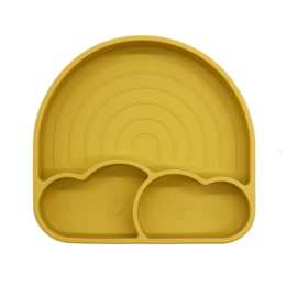  Vibrant yellow kids plate with a rainbow design and two heart-shaped compartments, perfect for serving meals or snacks.
