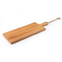 Rectangular wooden cutting board with handle, 49 x 17 cm, suitable for food preparation and serving.