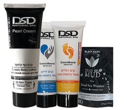 Gift set containing 4 pieces of Dead Sea salt mineral-infused creams and lotions. Includes a pearl cream, foot cream, and mud mask.