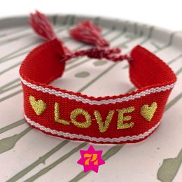  Red woven bracelet with "LOVE" text and gold hearts