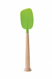  A green silicone spatula with a wooden handle. The spatula has a flat, wide blade that is suitable for cooking and baking tasks.