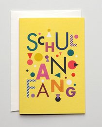 Colorful school enrollment card with playful typography and geometric shapes.