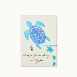 A blue and turquoise sea turtle illustration with the text "I hope you're doing turtelly fine" on a friendship card.
