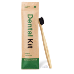 Eco-friendly dental kit with bamboo toothbrush and toothpaste tablets. Made from sustainable materials.