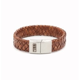 Cognac-colored leather men's bracelet with a woven design and a metal clasp closure. Available in sizes S, M, L, and XL.