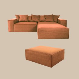 L-shaped sofa in concrete grey color, made of exclusive corduroy fabric from Belgium company BRUTEX.