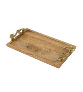 Mango Wood Serving Tray – Rectangular Display Tray – Gold Leaf Handles – 22x42x4cm