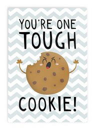 Greeting card with a cute cookie character and the text "You're One Tough Cookie!" The card features a whimsical, kawaii-style design with a chevron pattern background.
