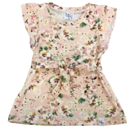 Floral print baby dress with short sleeves and a belted waist. Made of soft, lightweight material in a pink and white color scheme.