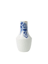 Tall white ceramic vase with blue floral pattern, suitable for displaying flowers or decorative purposes.
