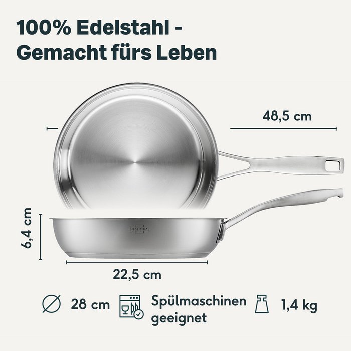 Padella In Acciaio Inox 28 Cm A 3 Strati Con Coperchio – Altezza 8 Cm, Compatibile Induzione E Forno, Distribuzione Uniforme Del Calore