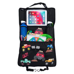  Black car-themed organizer bag with pockets for storing and organizing various items like tablets, toys, and accessories.