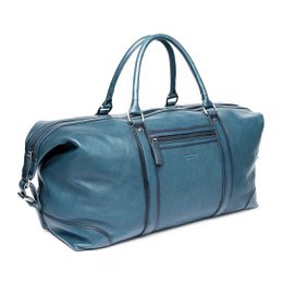  Blue leather travel bag, large rectangular duffel, 36x52x23 cm, dual handles, spacious weekender tote.