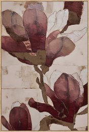  Burgundy magnolia flowers botanical relief art print, deep wine red petals, vintage floral illustration.