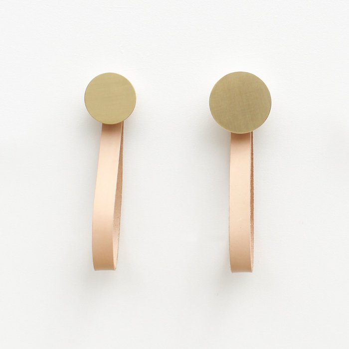 Round Beech Wood & Brass Wall Hook / Hanger with Leather Loop