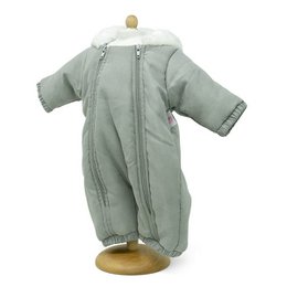  Gray quilted snowsuit with white fur-lined hood, full-length zip closure, puffy sleeves for doll clothing.