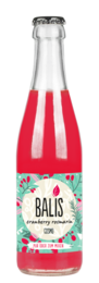 A 0.25 L glass bottle of Balis Cosmo (Cranberry Rosemary) juice. The bottle has a red label with white text and a floral design. The juice appears to be a deep red color.