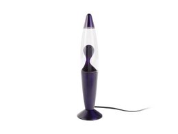 Funky rocket-shaped table lamp available in blue, green, orange, purple, and yellow colors. Features a lava-like liquid interior that moves when the lamp is turned on.