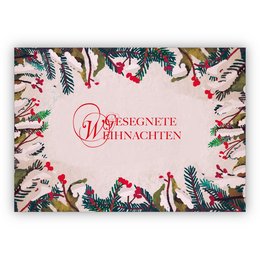 A classic Christmas card with a snow motif and the text "Merry Christmas" in German. The card features a festive design with pine branches, berries, and a decorative border.