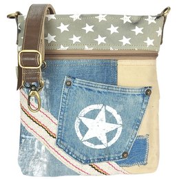 Sunsa women's shoulder bag. Sustainable bag made from recycled jeans & canvas. Vintage vegan shoulder bag. Small crossover bag